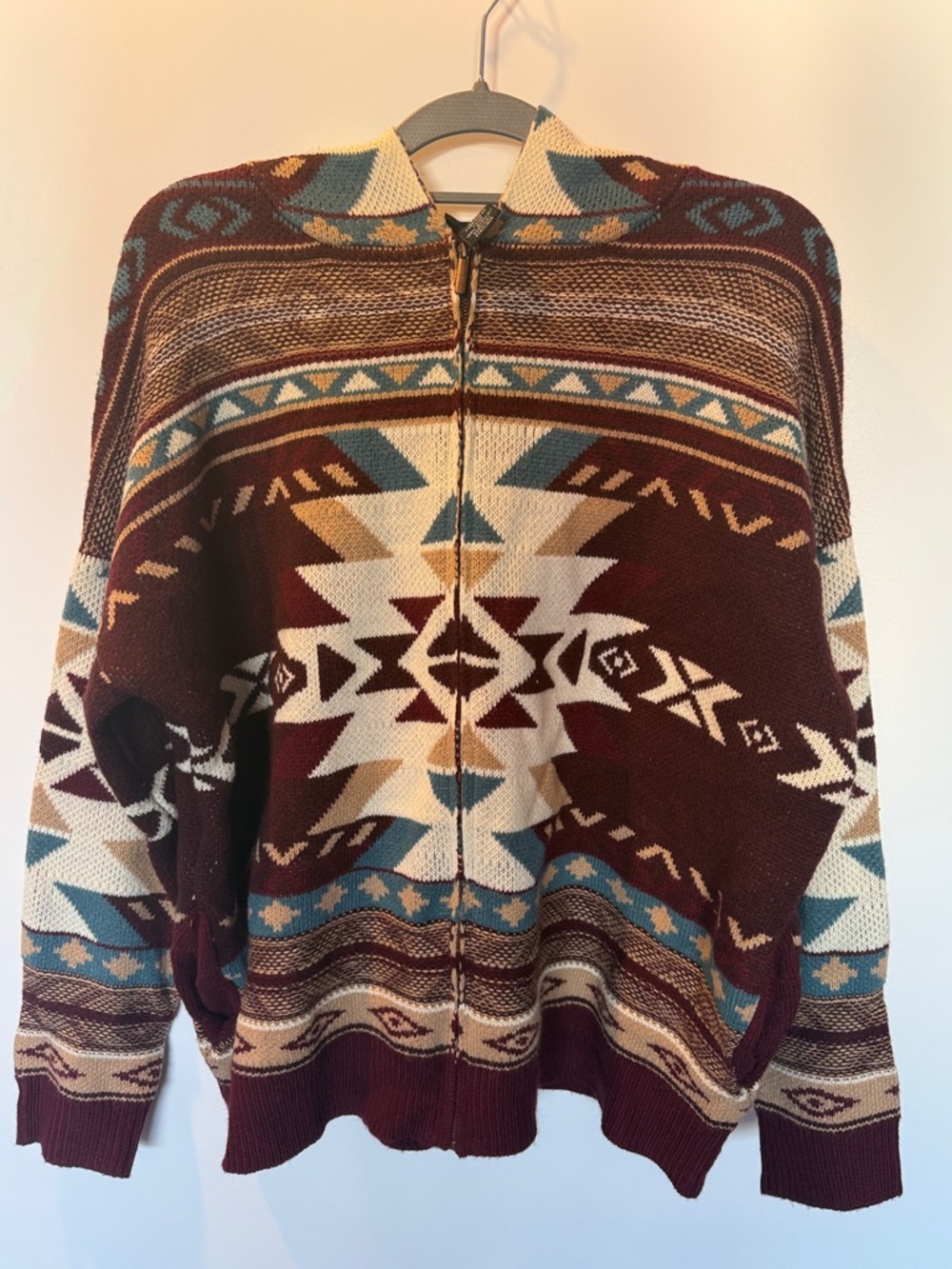 Wrangler Retro Aztec Sweater Hoodie in Burgundy, Cream & Teal